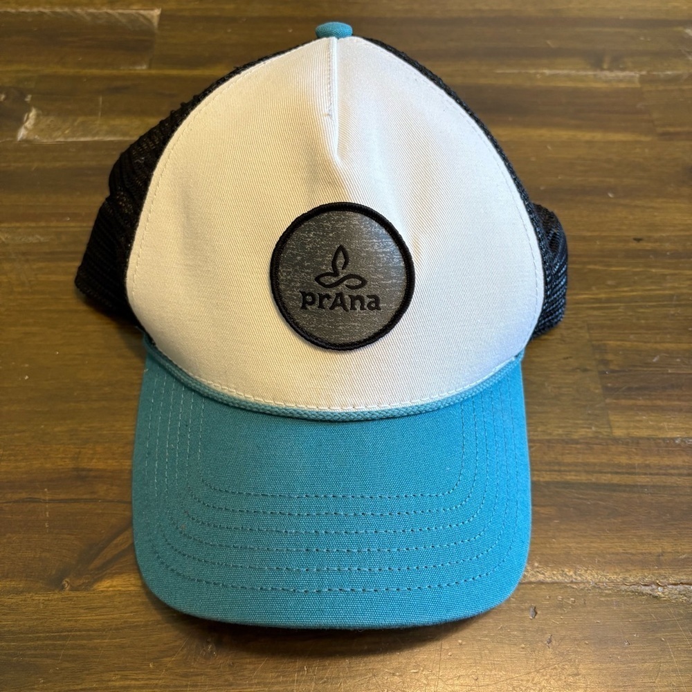 Prana Color Block Trucker Hat Mesh Logo Active Outdoor Teal Blue White